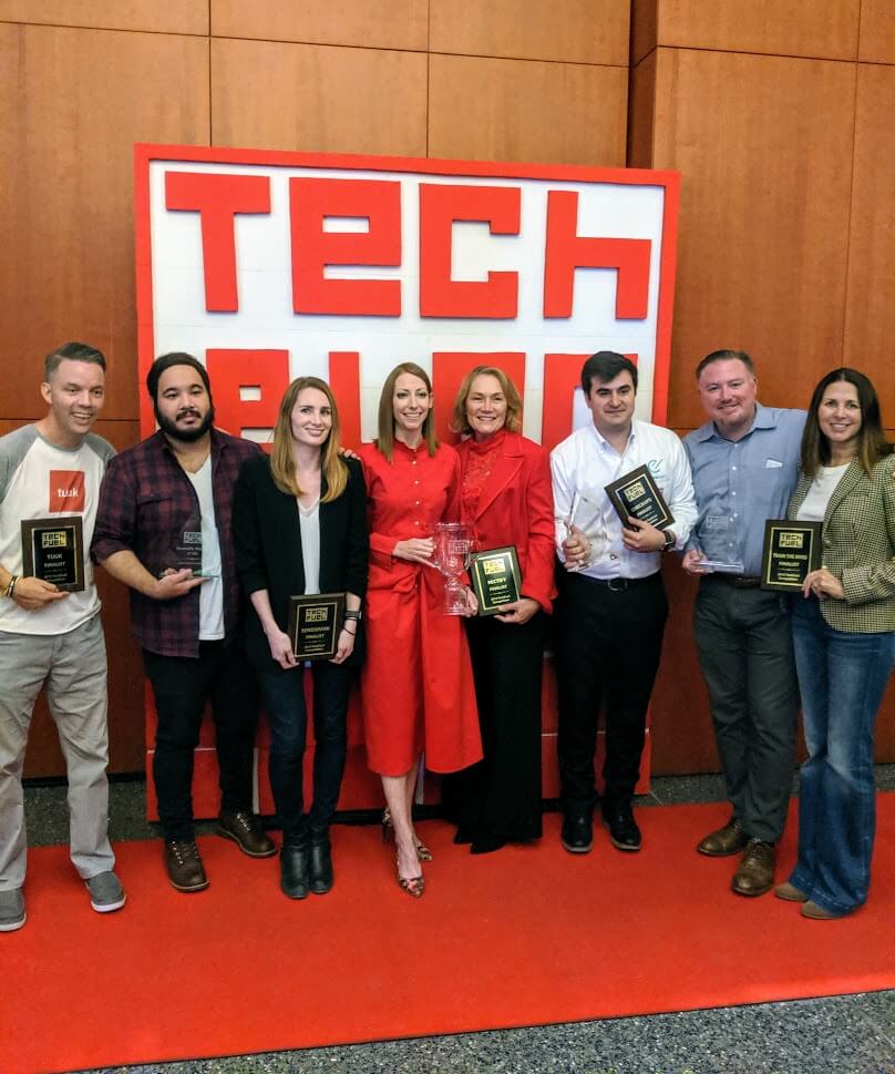 The five startup finalist teams in 2019's Tech Fuel, a pitch completion sponsored by Tech Bloc. Photo credit: Iris Gonzalez.